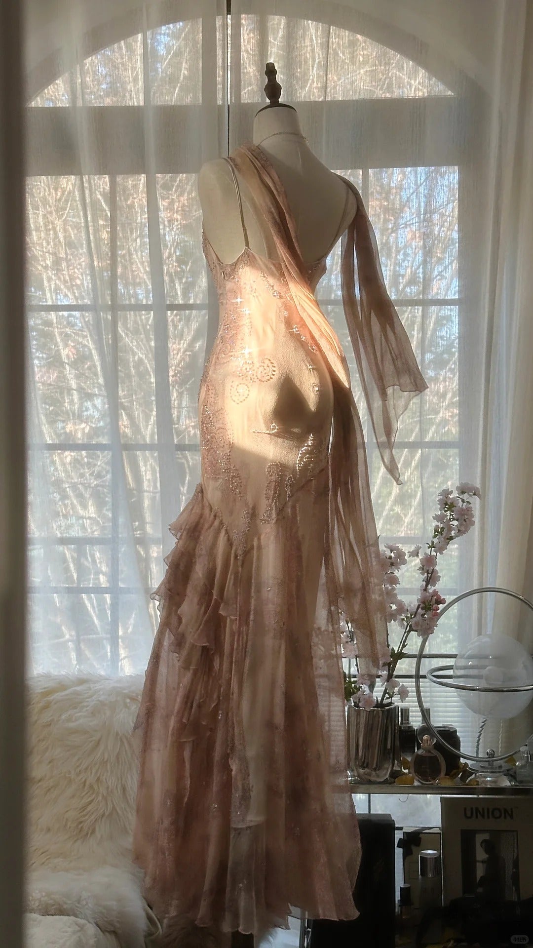 Cute Pink Shoulder Strap Flowing Ribbon Chiffon Beaded Long Prom Dress