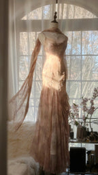 Cute Pink Shoulder Strap Flowing Ribbon Chiffon Beaded Long Prom Dress