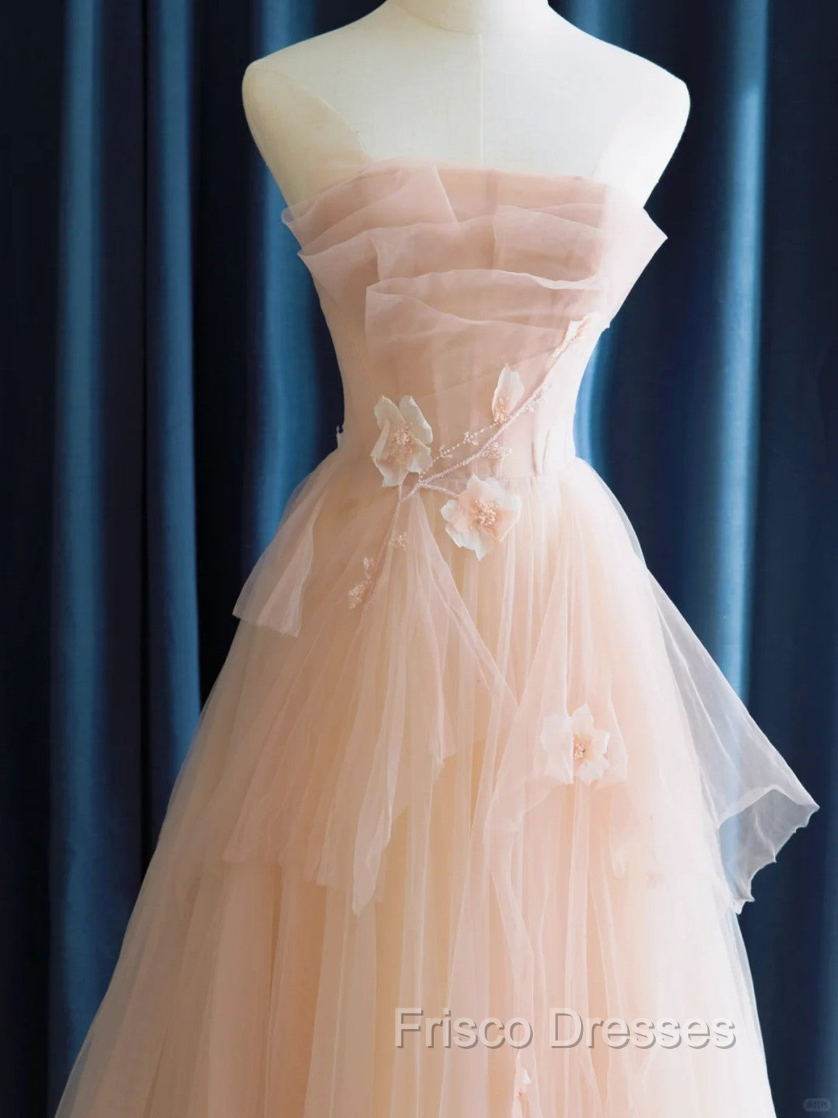 Cute Pink  Strapless Tulle Long Formal Dress with Flowers, Pink Tulle Formal Prom Dress Secondary image