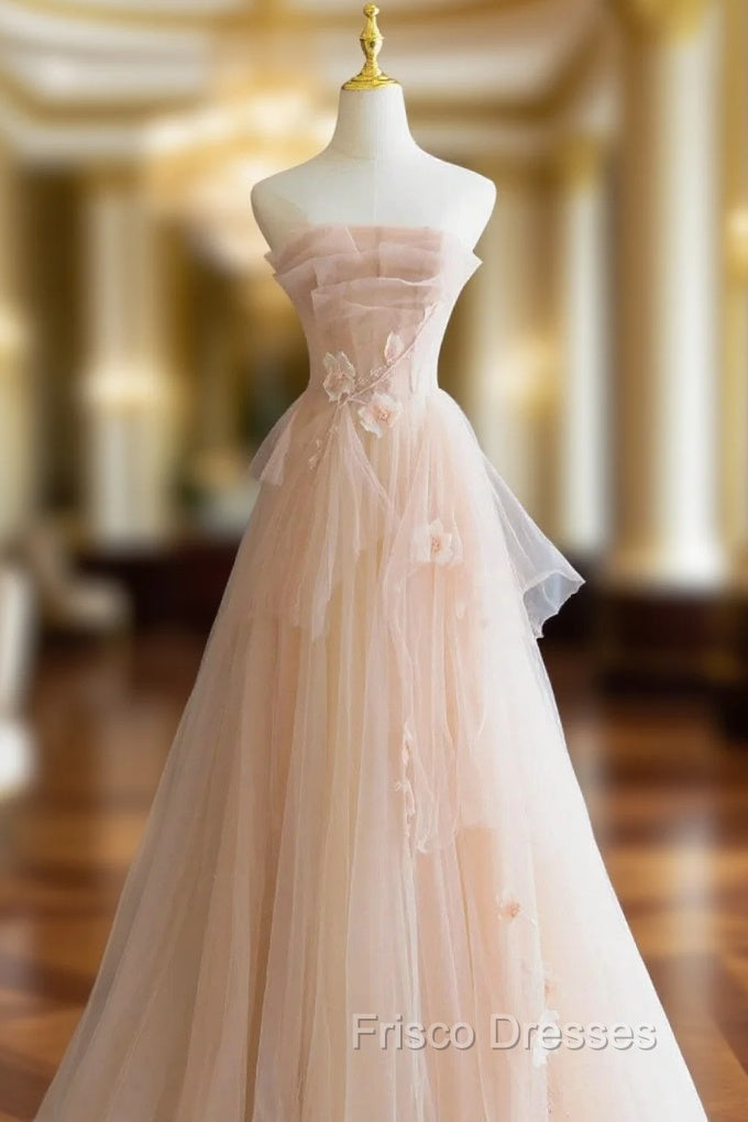 Cute Pink  Strapless Tulle Long Formal Dress with Flowers, Pink Tulle Formal Prom Dress Main image