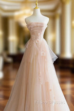 Cute Pink  Strapless Tulle Long Formal Dress with Flowers, Pink Tulle Formal Prom Dress