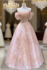 Cute Pink Tulle Lace Short A-Line Formal Prom Dress