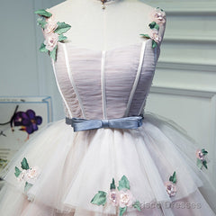 Cute Pink Tulle Short Flowers Lace Layers Formal Dresses, Pink Short Homecoming Dresses