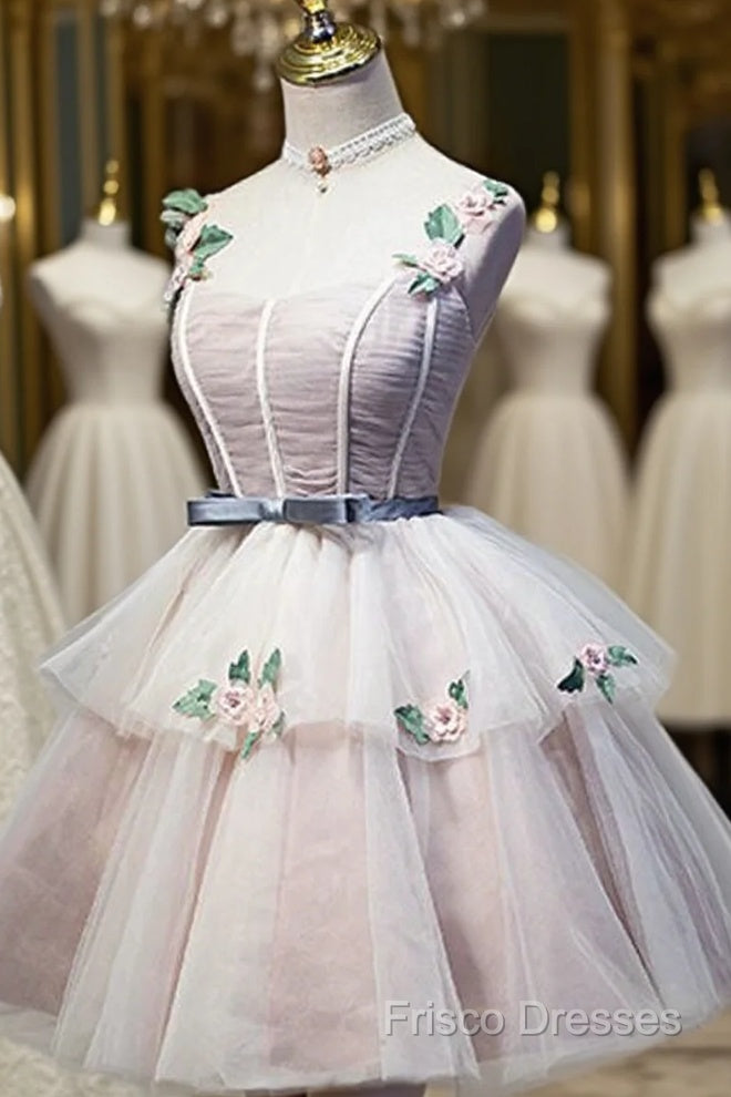Cute Pink Tulle Short Flowers Lace Layers Formal Dress, Pink Short Homecoming Dress Main image