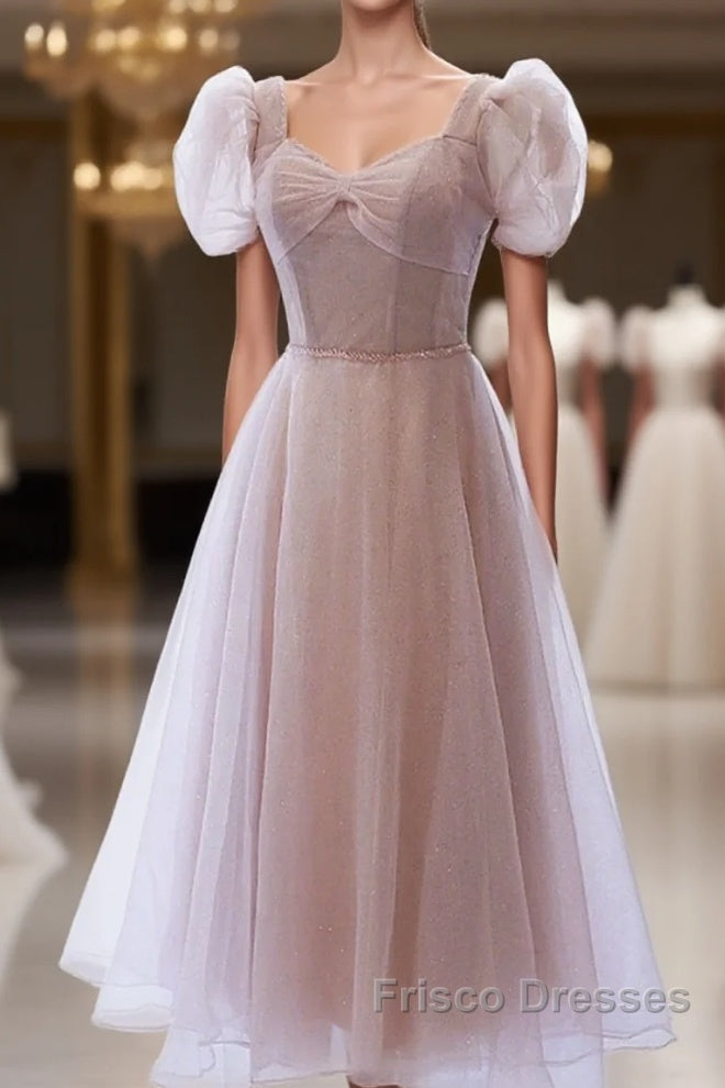 Cute Pink Tulle Short Sleeves Knee Length Homecoming Dress, Cute Pink Formal Prom Dress