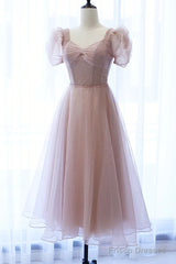 Cute Pink Tulle Short Sleeves Knee Length Homecoming Dress, Cute Pink Prom Dress