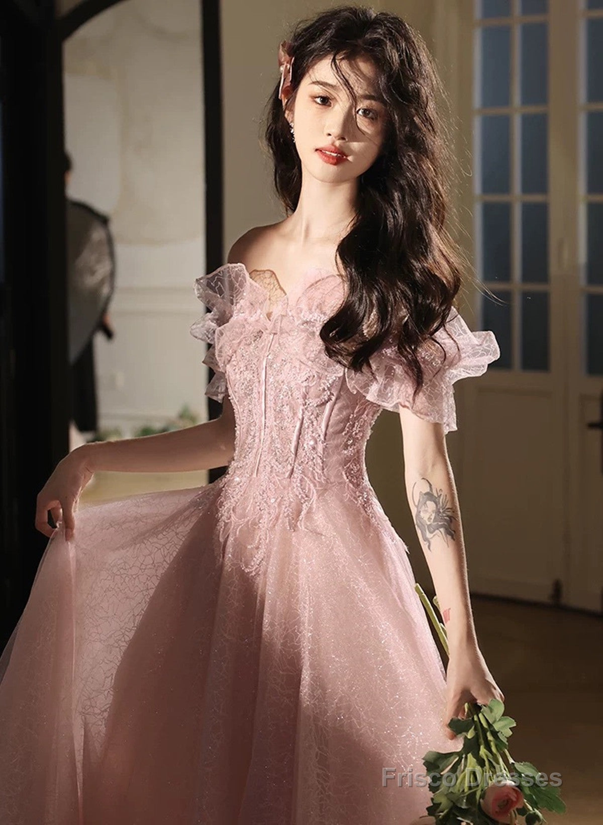 Cute Pink Tulle Sweetheart Off Shoulder Party Dress, Pink Tulle Long Prom Dress Secondary image