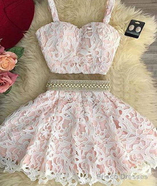 Cute Pink Two Pieces Lace Short Prom Dress, Pink Homecoming Dress Main image