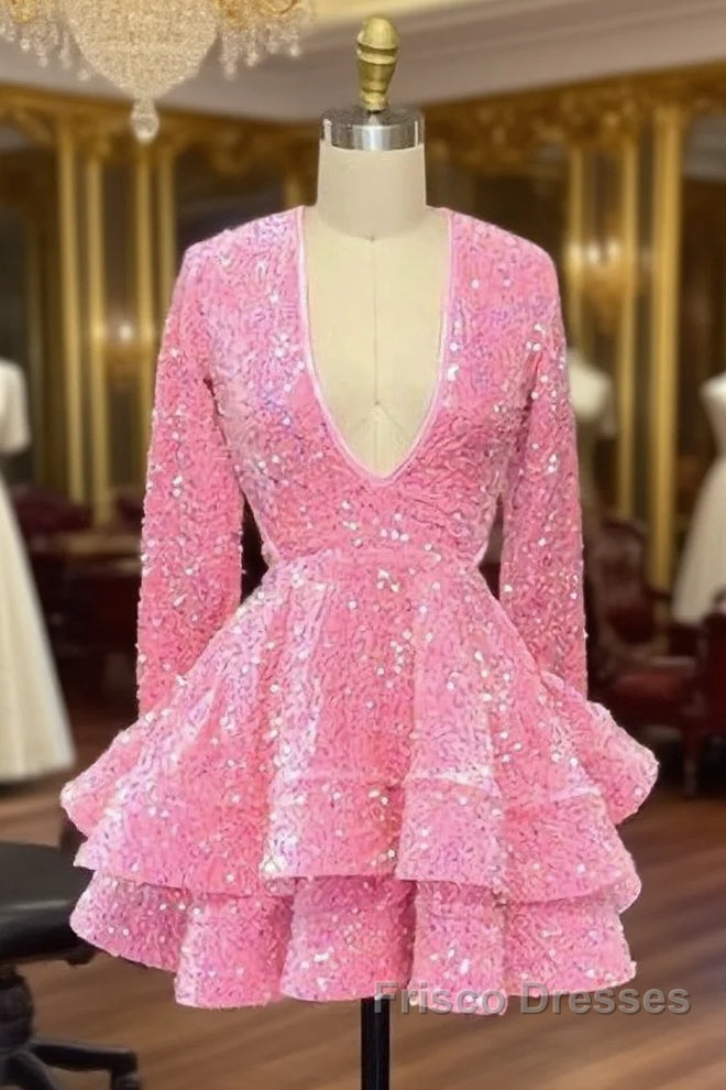 Cute Pink V Neck Long Sleeves Homecoming Dress Main image