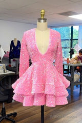 Cute Pink V Neck Long Sleeves Homecoming Dress