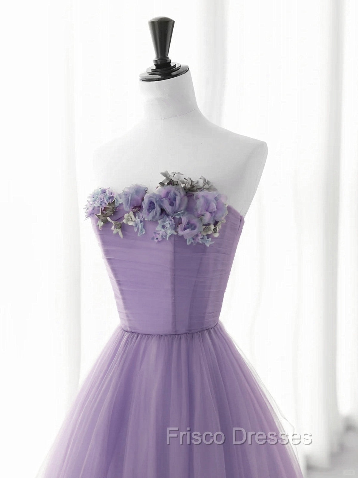 Cute Purple Tulle A-Line Long Formal Prom Dress With Flowers, Purple Tulle Party Dress Secondary image