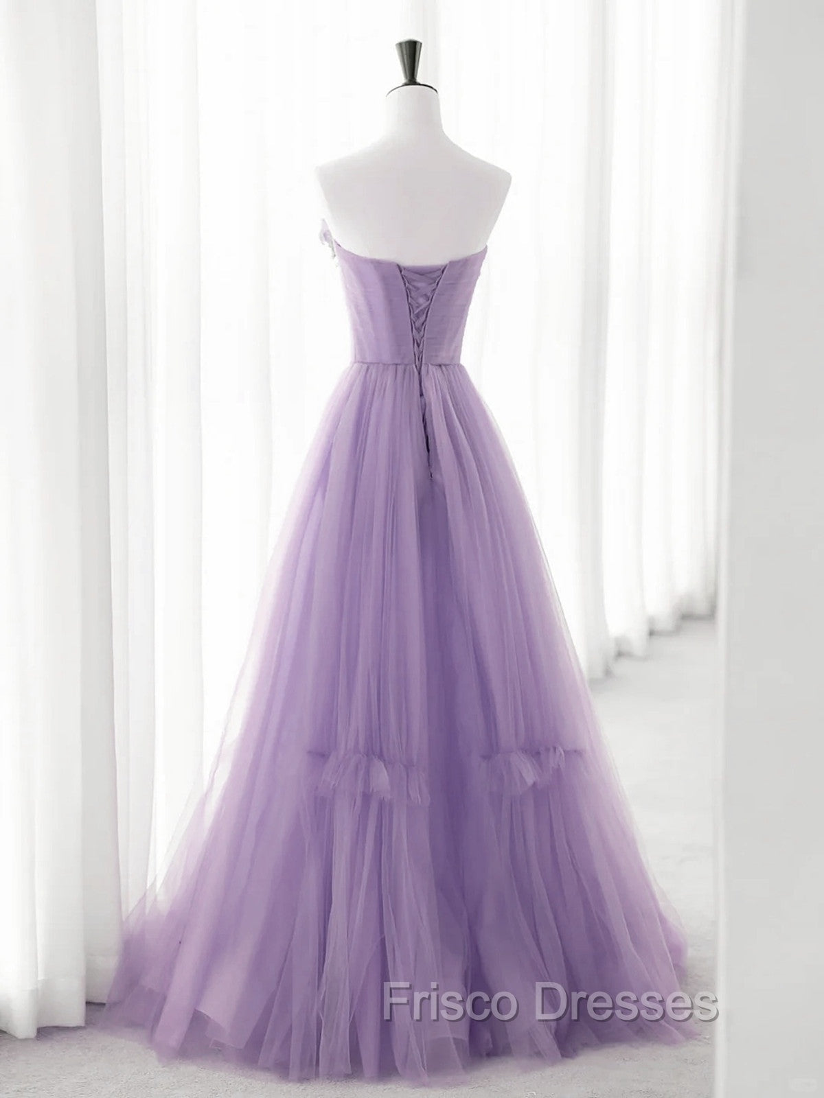 Cute Purple Tulle A-Line Long Formal Prom Dress With Flowers, Purple Tulle Party Dress