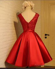 Cute Red Homecoming Dress, Round Neckline Lace and Satin Party Dress