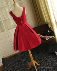 Cute Red Satin Round Neckline Party Dresses, Satin Homecoming Dresses, Short Prom Dress