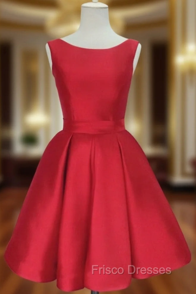 Cute Red Satin Scoop Sleeveless Short Party Dress, Red Homecoming Dress Main image