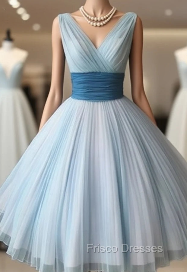 Cute Retro V Neck Blue Short Formal Prom Dress, Bridesmaid Dress Main image