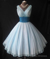 Cute Retro V Neck Blue Short Prom Dress, Bridesmaid Dress