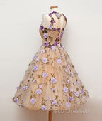 Cute Round Champagne Short Formal Prom Dress, Champagne Homecoming Dress
