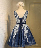 Cute Round Neck Lace Tulle Dark Blue Short Formal Prom Dress, Bridesmaid Dress