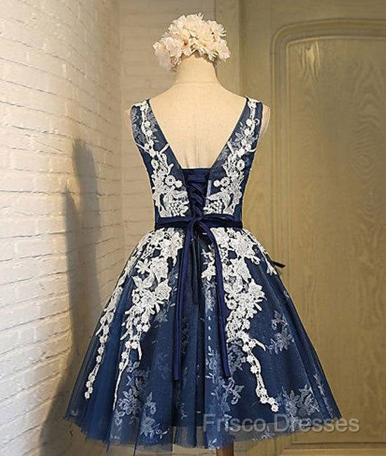 Cute Round Neck Lace Tulle Dark Blue Short Formal Prom Dress, Bridesmaid Dress