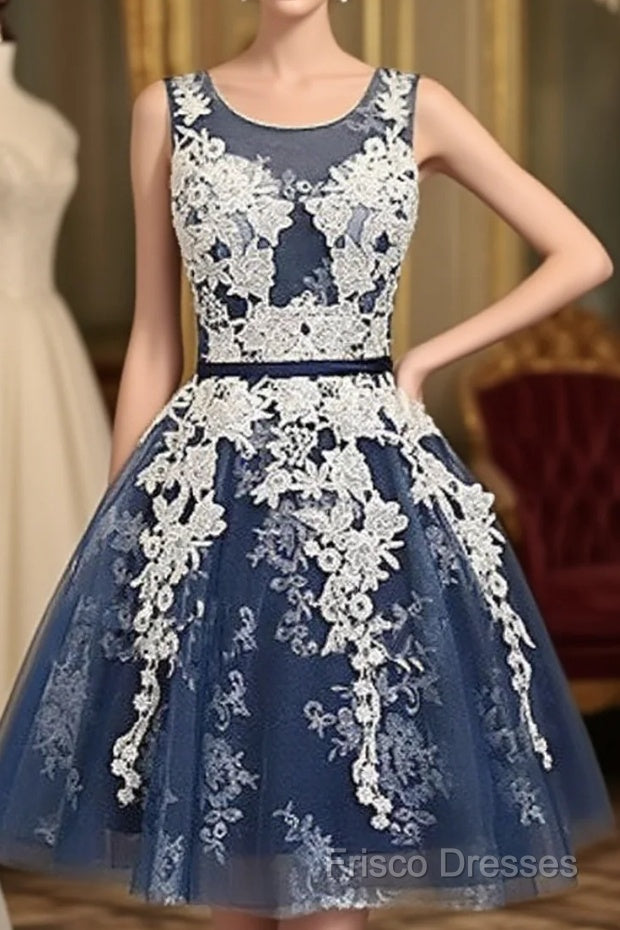 Cute Round Neck Lace Tulle Dark Blue Short Formal Prom Dress, Bridesmaid Dress Main image
