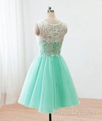 Cute Round Neck Lace Tulle Short Green Formal Prom Dress, Bridesmaid Dress