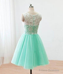 Cute Round Neck Lace Tulle Short Green Prom Dress, Bridesmaid Dress