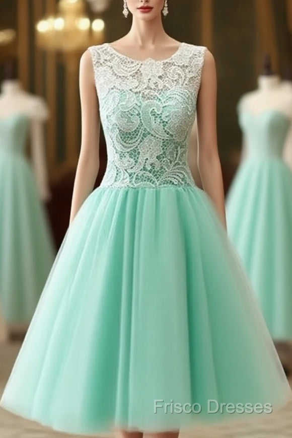 Cute Round Neck Lace Tulle Short Green Formal Prom Dress, Bridesmaid Dress Main image