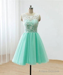 Cute Round Neck Lace Tulle Short Green Prom Dress, Bridesmaid Dress