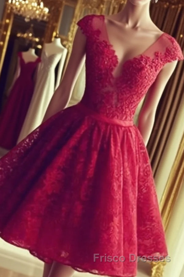 Cute Round Neck Red Lace Short Formal Prom Dresses, Red Homecoming Dresses Main image