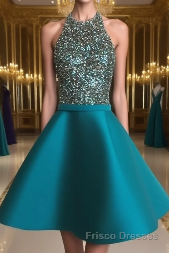 Cute Round Neck Sequin Backless Green Short Formal Prom Dresses, Green Homecoming Dresses Main image