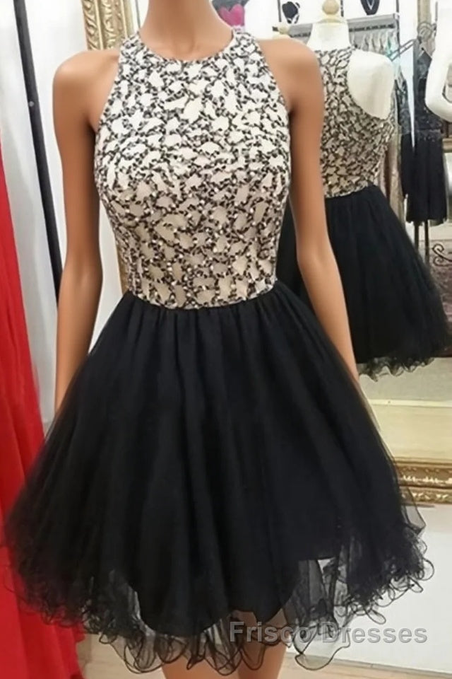 Cute Round-Neck Sequin Tulle Short Black Formal Prom Dresses, Black Homecoming Dresses