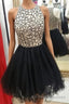 Cute Round-Neck Sequin Tulle Short Black Formal Prom Dresses, Black Homecoming Dresses