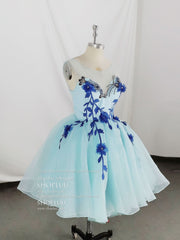 Cute Round Neck Tulle Lace Short Prom Dresses, Blue Homecoming Dresses