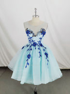 Cute Round Neck Tulle Lace Short Prom Dresses, Blue Homecoming Dresses