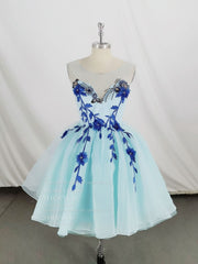 Cute Round Neck Tulle Lace Short Prom Dresses, Blue Homecoming Dresses