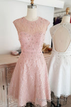 Cute round neck tulle lace short Formal Prom Dresses lace bridesmaid Dresses