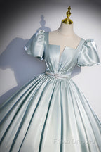 Cute Satin Floor Length Formal Prom Dress, A-Line Short Sleeve Formal Party Dress