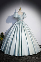 Cute Satin Floor Length Formal Prom Dress, A-Line Short Sleeve Formal Party Dress