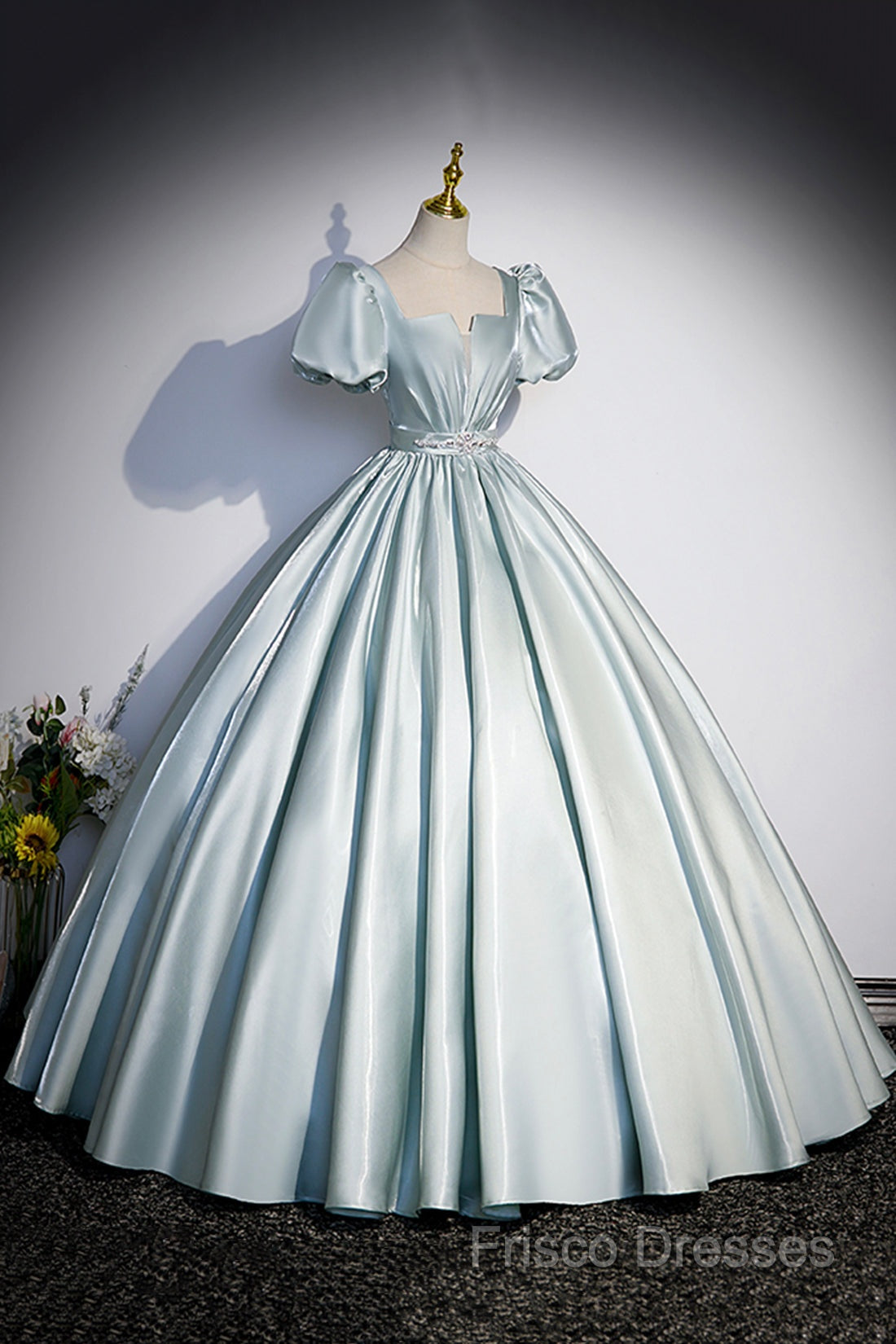 Cute Satin Floor Length Formal Prom Dress, A-Line Short Sleeve Formal Party Dress