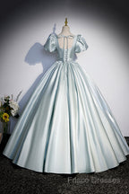 Cute Satin Floor Length Formal Prom Dress, A-Line Short Sleeve Formal Party Dress