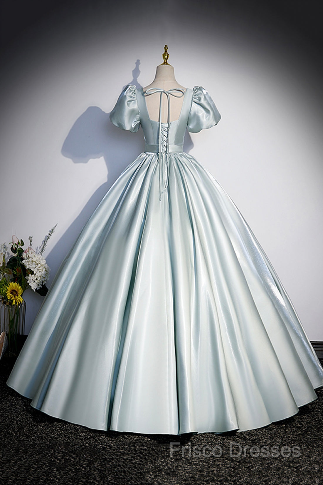 Cute Satin Floor Length Formal Prom Dress, A-Line Short Sleeve Formal Party Dress