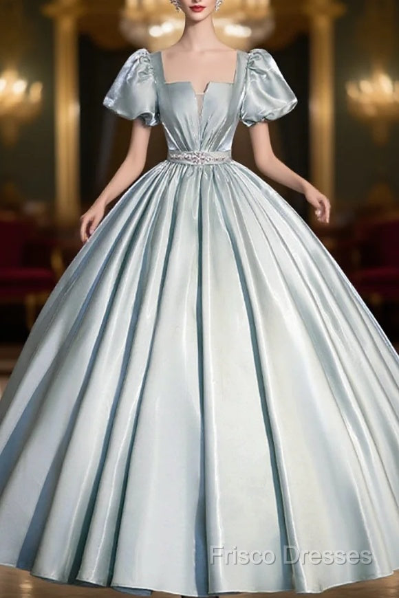 Cute Satin Floor Length Formal Prom Dress, A-Line Short Sleeve Formal Party Dress