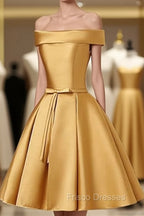 Cute Satin Knee Length Off Shoulder Homecoming Dress, Formal Prom Dress