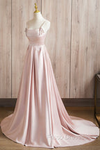 Cute Satin Long A-Line Pink Formal Prom Dress, Spaghetti Straps Evening Dress
