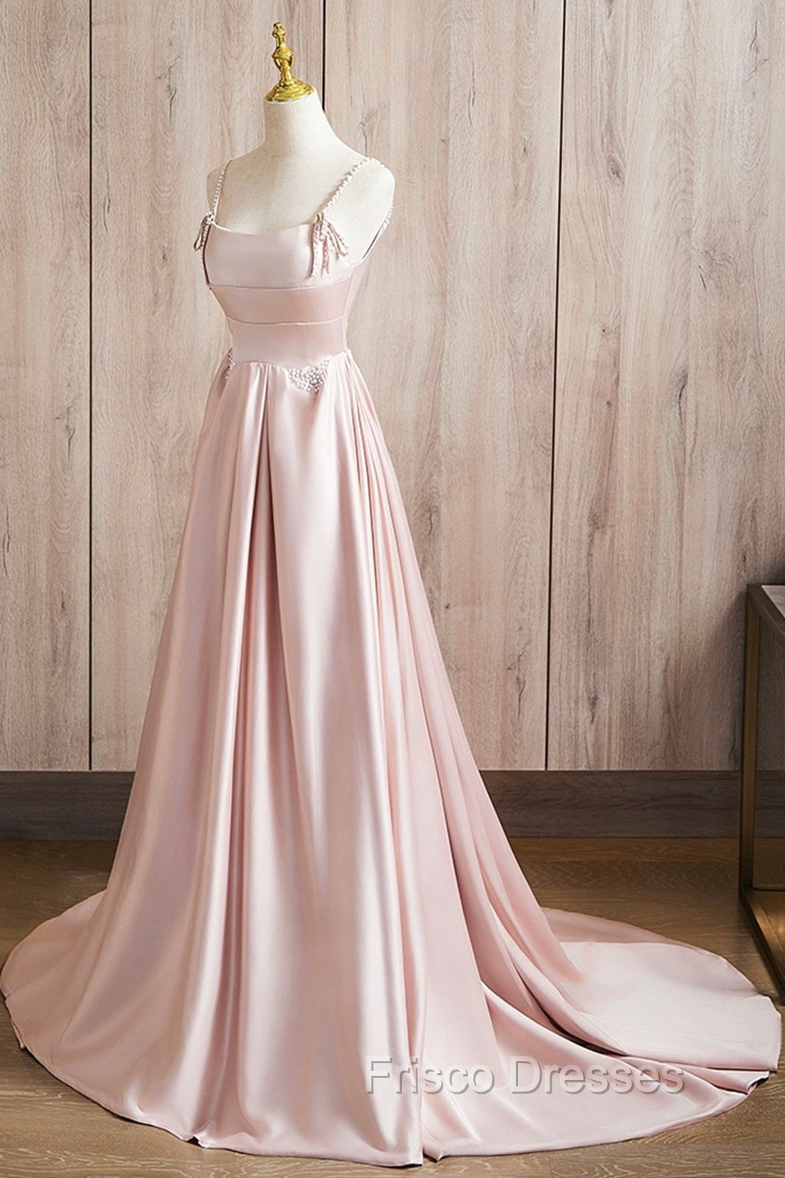 Cute Satin Long A-Line Pink Formal Prom Dress, Spaghetti Straps Evening Dress