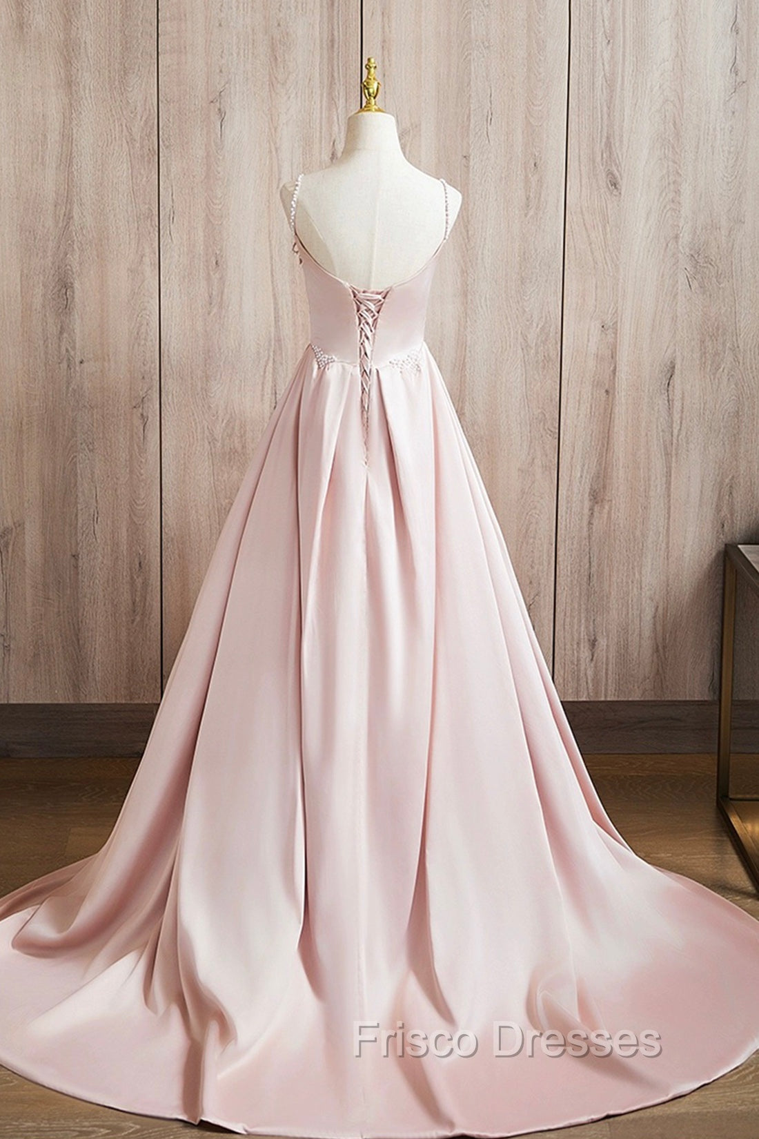 Cute Satin Long A-Line Pink Formal Prom Dress, Spaghetti Straps Evening Dress
