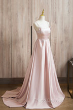 Cute Satin Long A-Line Pink Formal Prom Dress, Spaghetti Straps Evening Dress