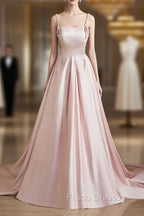 Cute Satin Long A-Line Pink Formal Prom Dress, Spaghetti Straps Evening Dress