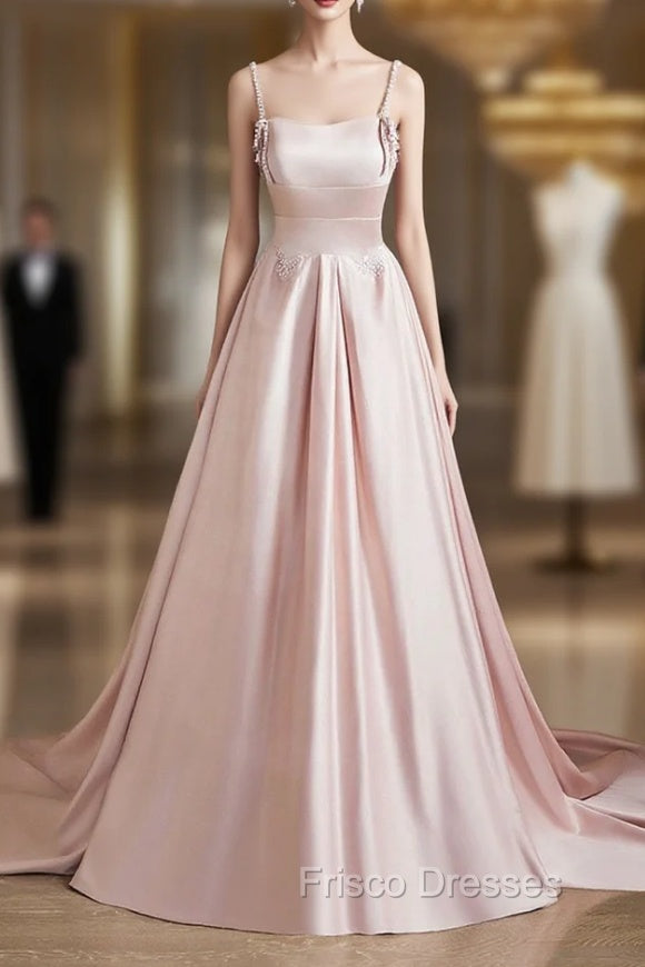Cute Satin Long A-Line Pink Formal Prom Dress, Spaghetti Straps Evening Dress